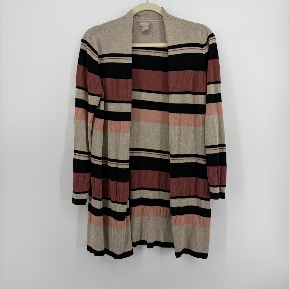Chico's Womens Size 1 M Multicolor Striped Open Front Longline Cardigan Sweater